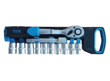 Llave carraca 72 dientes con vasos 1/4´ 11 pzs