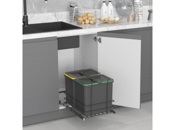 Emuca Contenedor de reciclaje para fijación inferior y extracción manual en mueble de cocina Recycle 2x16litros, Plástico gris antracita