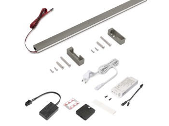 Emuca Kit de barra para armario Luxe, tira LED 4,5x8 Neonlynx V, sensor de movimiento RF Smart y convertidor Smart (24V DC), longitud 900mm, Luz blanca cálida 2.700K, Plástico y Aluminio, Titanio