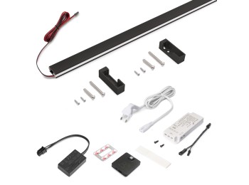 Emuca Kit de barra para armario Luxe, tira LED 4,5x8 Neonlynx V, sensor de movimiento RF Smart y convertidor Smart (24V DC), longitud 900mm, Luz blanca cálida 2.700K, Plástico y Aluminio, Pintado negro texturizado
