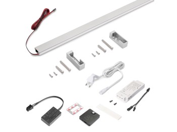 Emuca Kit de barra para armario Luxe, tira LED 4,5x8 Neonlynx V, sensor de movimiento RF Smart y convertidor Smart (24V DC), longitud 900mm, Luz blanca cálida 2.700K, Plástico y Aluminio, Anodizado mate