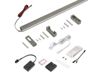 Emuca Kit de barra para armario Luxe, tira LED 4,5x8 Neonlynx V, sensor de movimiento RF Smart y convertidor Smart (24V DC), longitud 1.150mm, Luz blanca cálida 2.700K, Plástico y Aluminio, Titanio