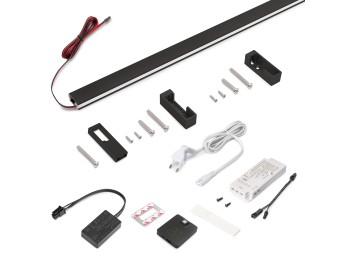 Emuca Kit de barra para armario Luxe, tira LED 4,5x8 Neonlynx V, sensor de movimiento RF Smart y convertidor Smart (24V DC), longitud 1.150mm, Luz blanca cálida 2.700K, Plástico y Aluminio, Pintado negro texturizado