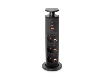 Emuca Multiconector extraíble Vertikal, 3 enchufes tipo Schuko, 1 USB tipo A, 2 USB tipo C, Plástico y Aluminio, Pintado negro