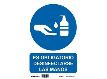 Cartel señalizacion adh 200x300mm vinilo bl/az desinfectar m