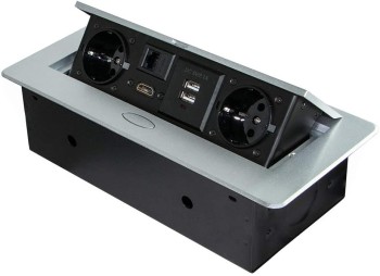 Emuca Multiconector de mesa, 2 USB + 1 HDMI + 2 enchufes EU, 265x120mm, Acero y aluminio, color aluminio