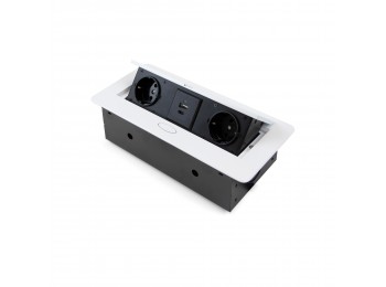 Emuca Regleta de enchufes Atom Lite para escritorio, 2 enchufes EU + 1 USB tipo A + 1 USB tipo C, 265x120mm, Acero y aluminio, Pintado blanco