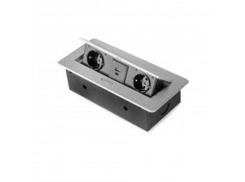 Emuca Regleta de enchufes Atom Lite para escritorio, 2 enchufes EU + 1 USB tipo A + 1 USB tipo C, 265x120mm, Acero y aluminio, Pintado aluminio